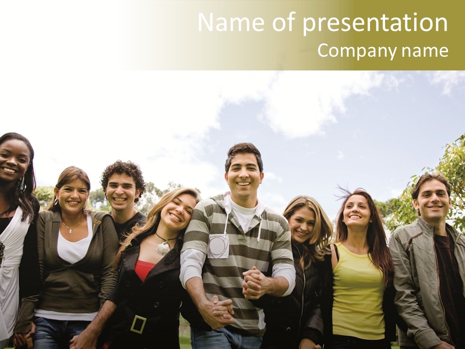 Happy Friends Smiling Outdoors In A Park - Diversity PowerPoint Template