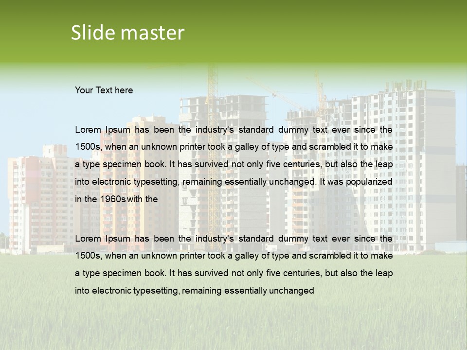 Residential Buildings, Some Of Them Under Construction, With Beautiful Green Field Foreground PowerPoint Template