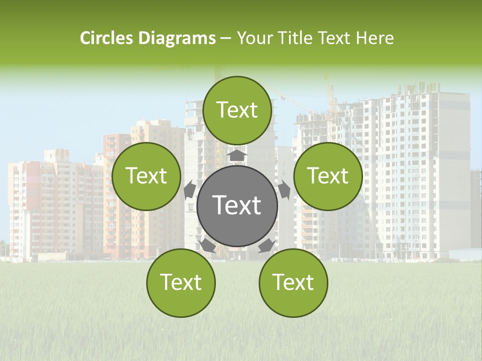 Residential Buildings, Some Of Them Under Construction, With Beautiful Green Field Foreground PowerPoint Template