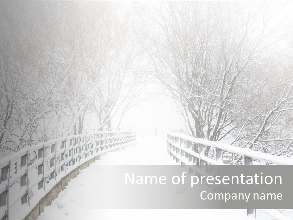 Snow Covered Footbridge On A Foggy Winter Day PowerPoint Template