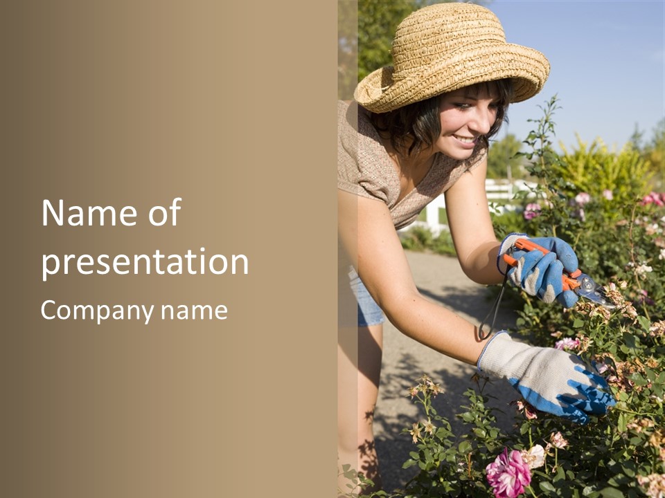 Beautiful Young Woman In The Yard Gardening PowerPoint Template