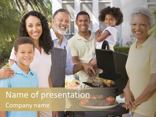 A Group Of People Standing Around A Grill PowerPoint Template