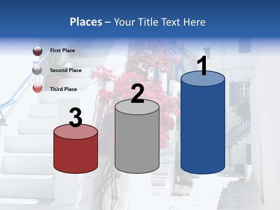 A White Building With A Blue Door And Stairs PowerPoint Template