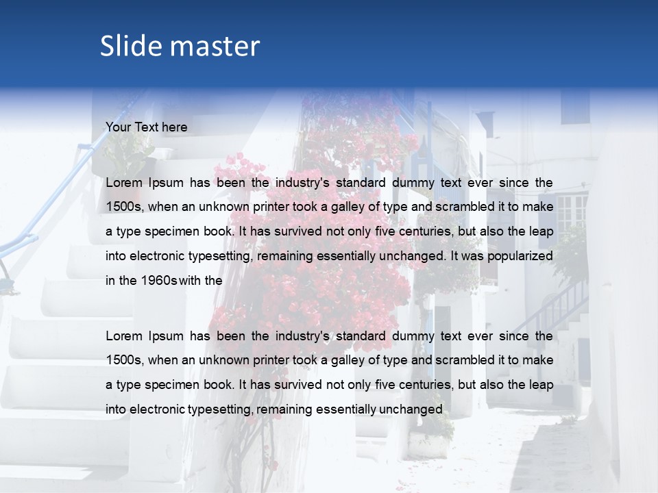 A White Building With A Blue Door And Stairs PowerPoint Template