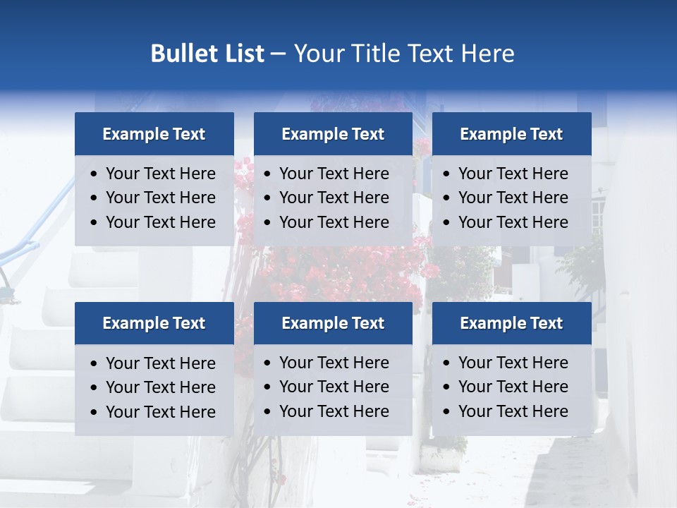 A White Building With A Blue Door And Stairs PowerPoint Template