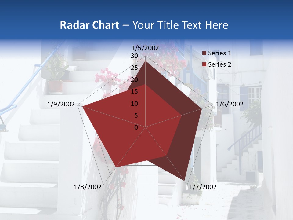 A White Building With A Blue Door And Stairs PowerPoint Template