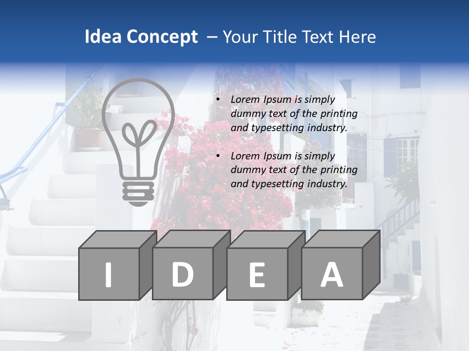 A White Building With A Blue Door And Stairs PowerPoint Template