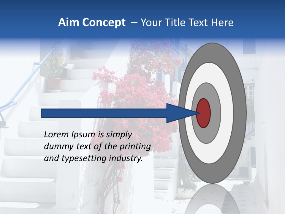 A White Building With A Blue Door And Stairs PowerPoint Template