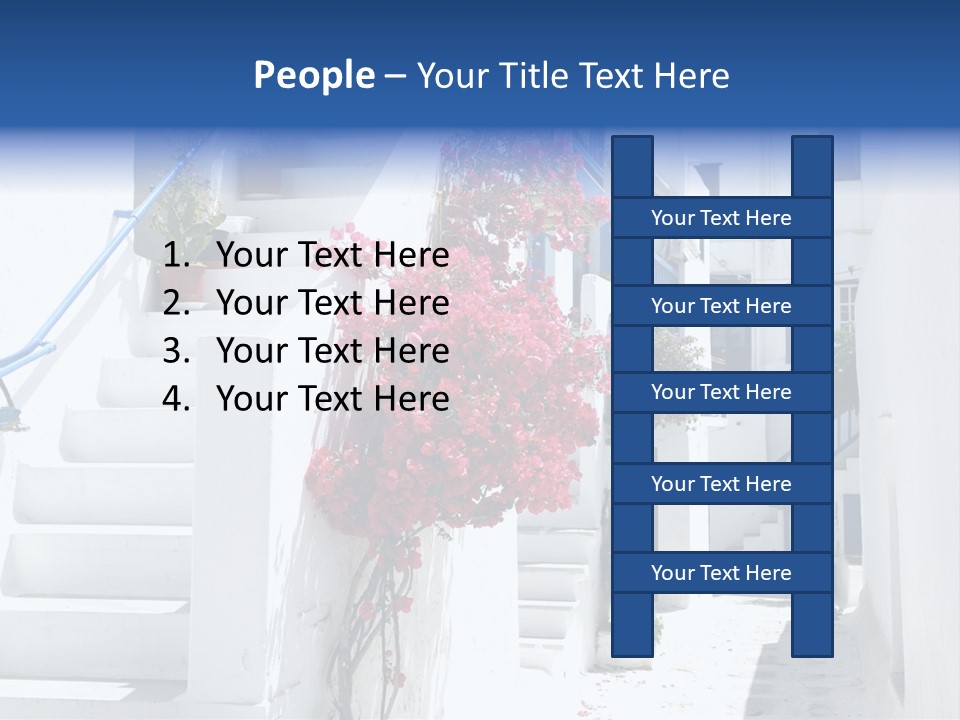 A White Building With A Blue Door And Stairs PowerPoint Template