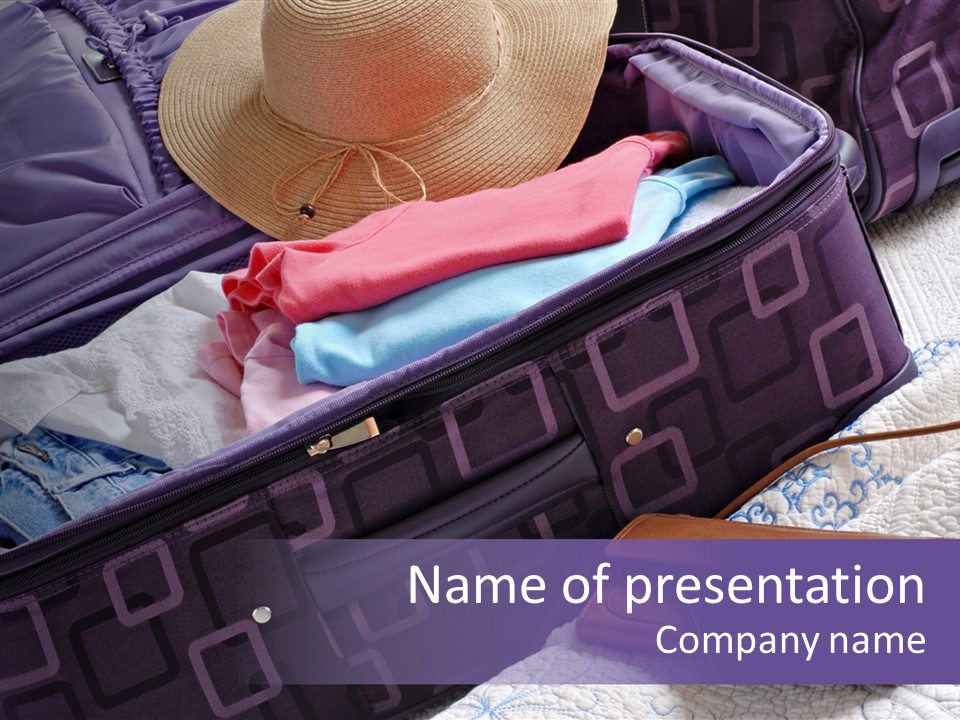 Modern Luggage Partially Packed With Colorful Summer Clothing. Us Passport Included In Composition. PowerPoint Template