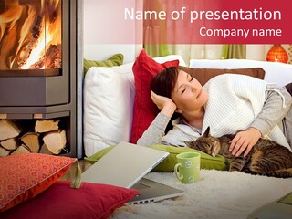 Woman With A Cat Relaxing Beside A Fireplace. PowerPoint Template