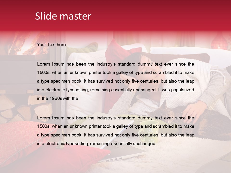 Woman With A Cat Relaxing Beside A Fireplace. PowerPoint Template