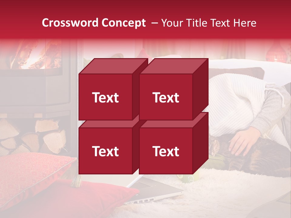 Woman With A Cat Relaxing Beside A Fireplace. PowerPoint Template