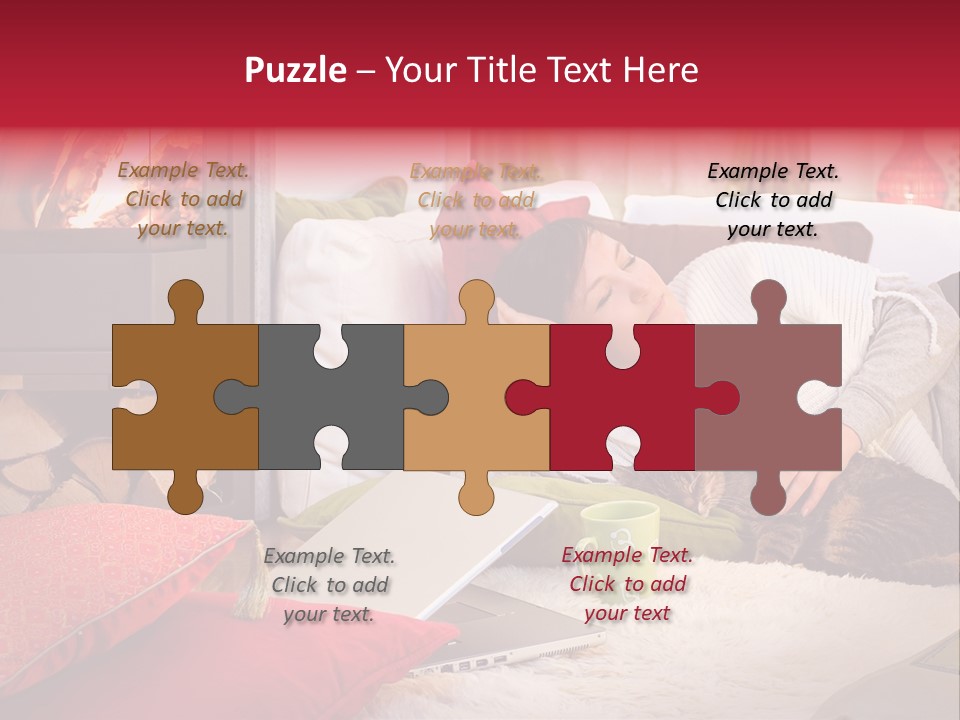 Woman With A Cat Relaxing Beside A Fireplace. PowerPoint Template