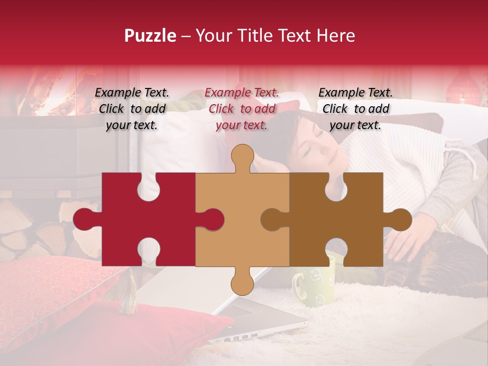 Woman With A Cat Relaxing Beside A Fireplace. PowerPoint Template