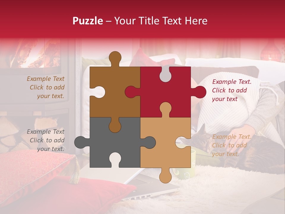 Woman With A Cat Relaxing Beside A Fireplace. PowerPoint Template