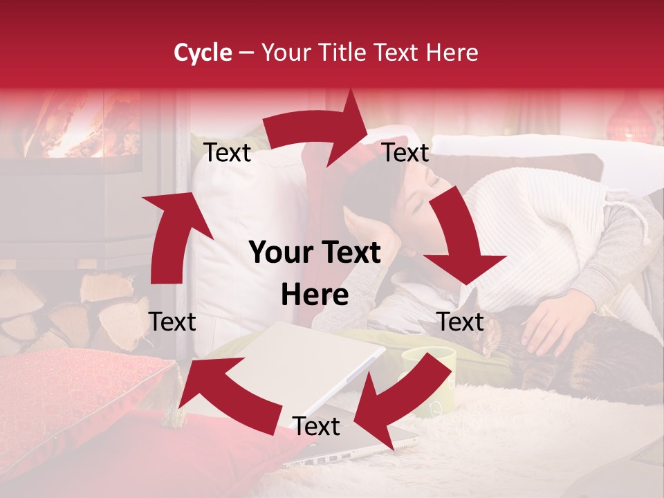 Woman With A Cat Relaxing Beside A Fireplace. PowerPoint Template