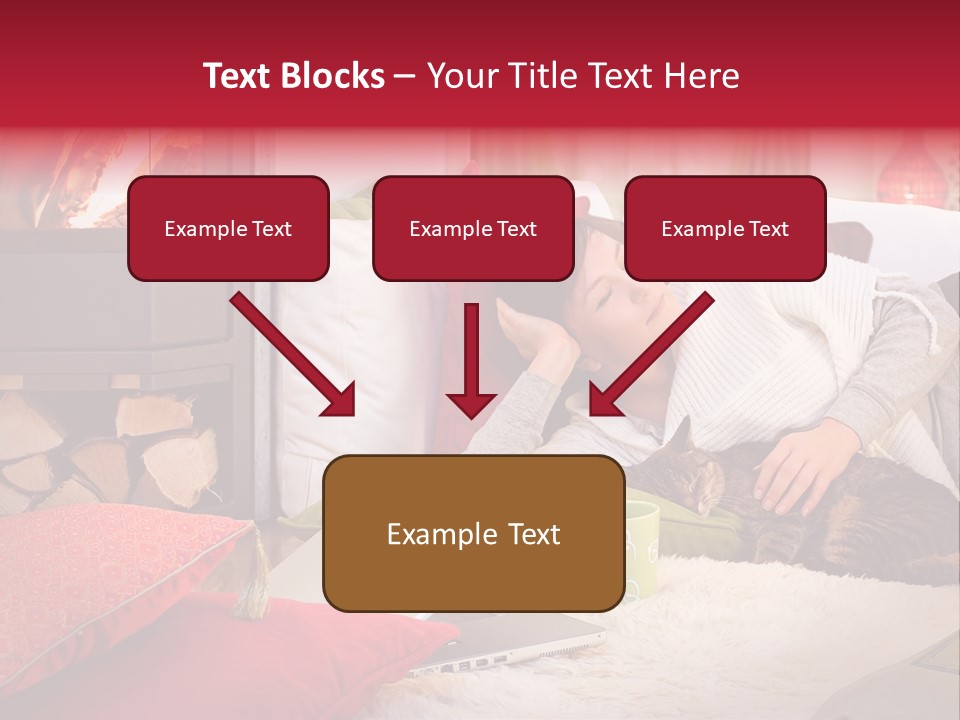 Woman With A Cat Relaxing Beside A Fireplace. PowerPoint Template