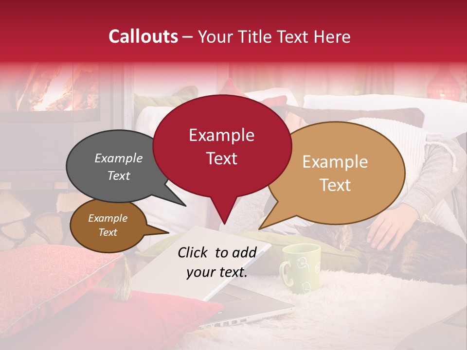 Woman With A Cat Relaxing Beside A Fireplace. PowerPoint Template