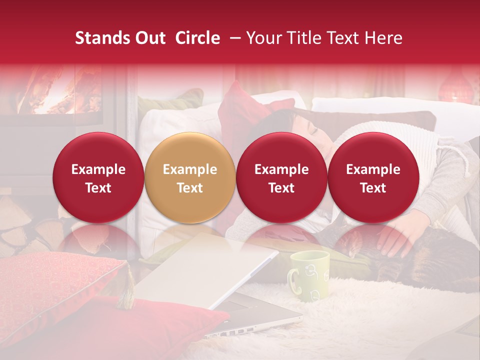 Woman With A Cat Relaxing Beside A Fireplace. PowerPoint Template