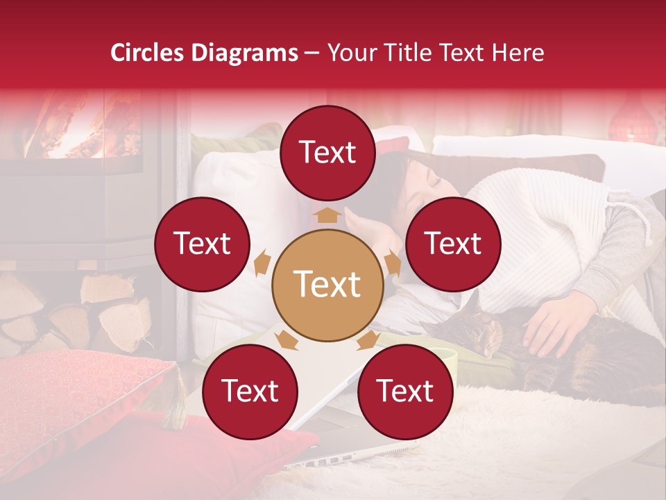 Woman With A Cat Relaxing Beside A Fireplace. PowerPoint Template