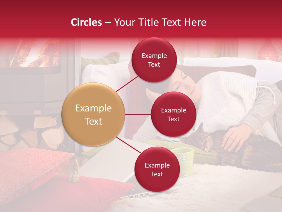 Woman With A Cat Relaxing Beside A Fireplace. PowerPoint Template