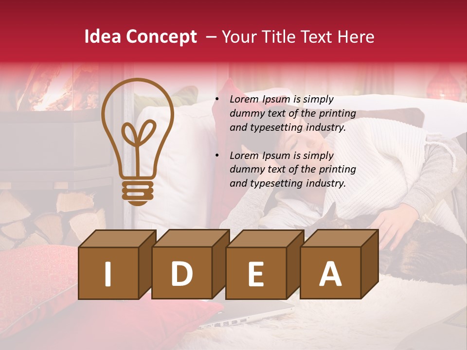 Woman With A Cat Relaxing Beside A Fireplace. PowerPoint Template