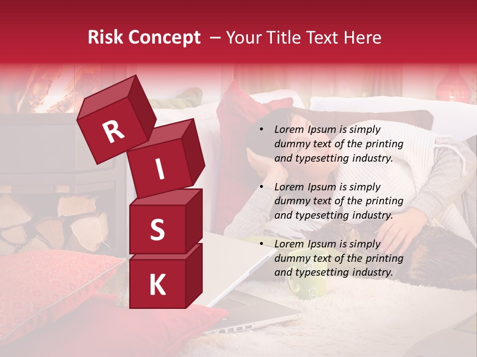 Woman With A Cat Relaxing Beside A Fireplace. PowerPoint Template