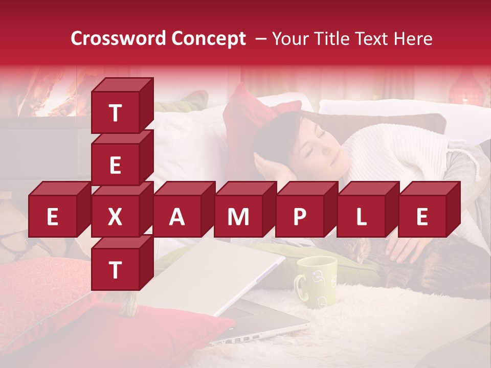 Woman With A Cat Relaxing Beside A Fireplace. PowerPoint Template