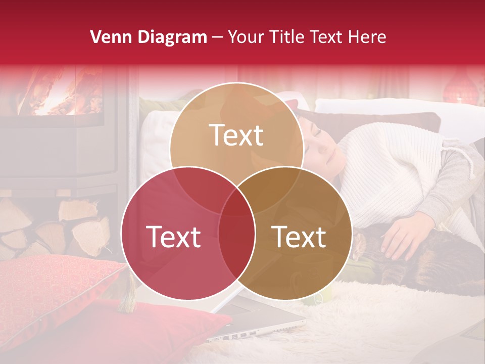 Woman With A Cat Relaxing Beside A Fireplace. PowerPoint Template