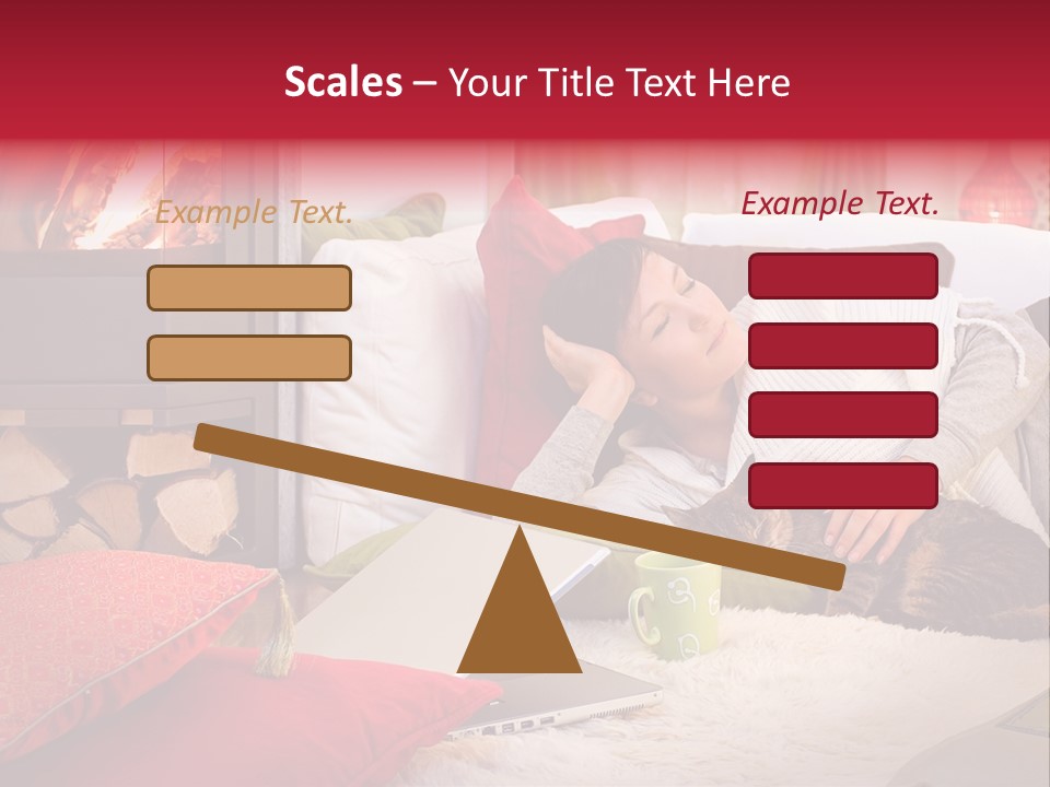 Woman With A Cat Relaxing Beside A Fireplace. PowerPoint Template