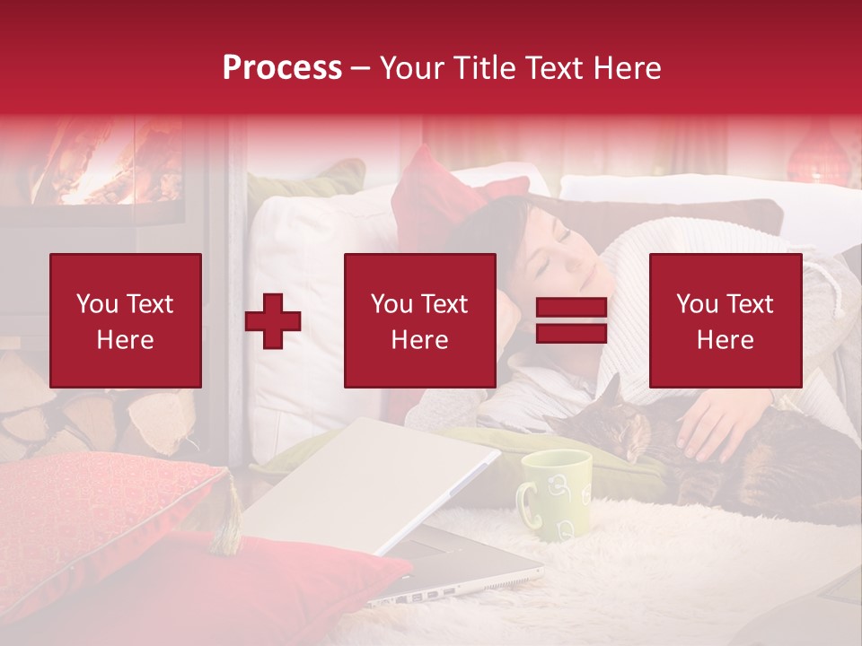 Woman With A Cat Relaxing Beside A Fireplace. PowerPoint Template