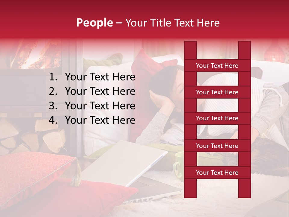 Woman With A Cat Relaxing Beside A Fireplace. PowerPoint Template