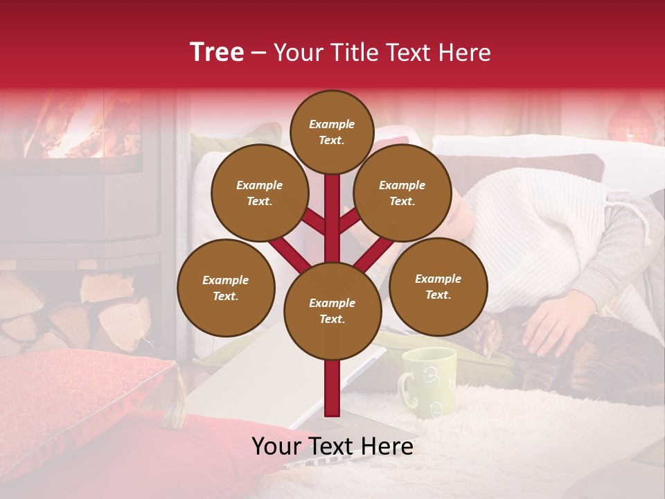 Woman With A Cat Relaxing Beside A Fireplace. PowerPoint Template