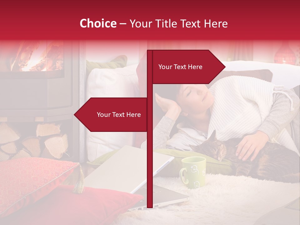 Woman With A Cat Relaxing Beside A Fireplace. PowerPoint Template