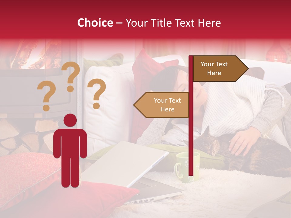 Woman With A Cat Relaxing Beside A Fireplace. PowerPoint Template