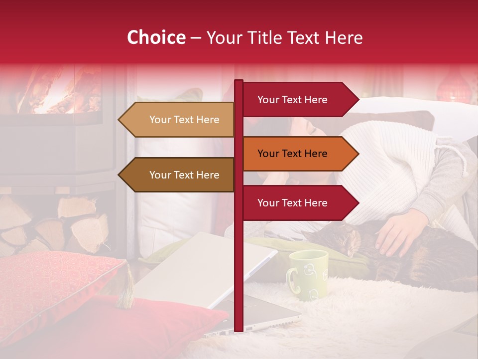 Woman With A Cat Relaxing Beside A Fireplace. PowerPoint Template