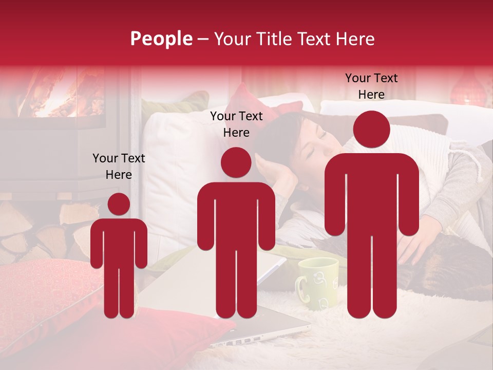 Woman With A Cat Relaxing Beside A Fireplace. PowerPoint Template