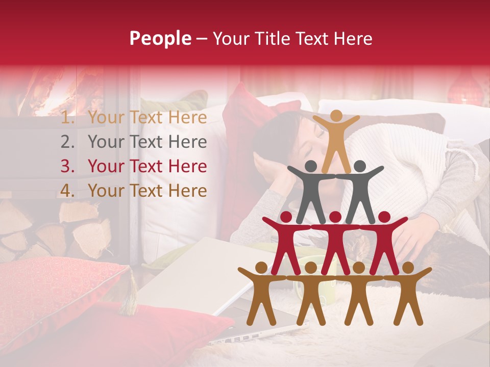 Woman With A Cat Relaxing Beside A Fireplace. PowerPoint Template