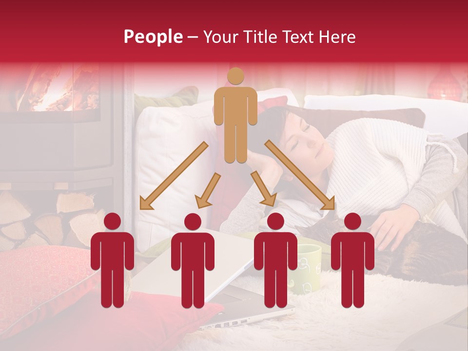 Woman With A Cat Relaxing Beside A Fireplace. PowerPoint Template