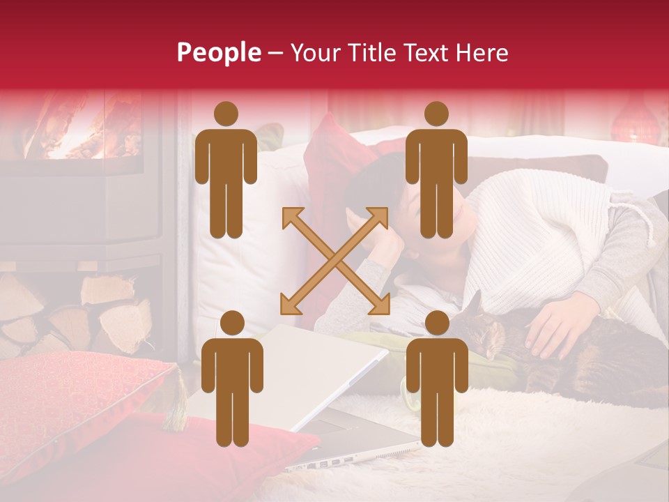 Woman With A Cat Relaxing Beside A Fireplace. PowerPoint Template