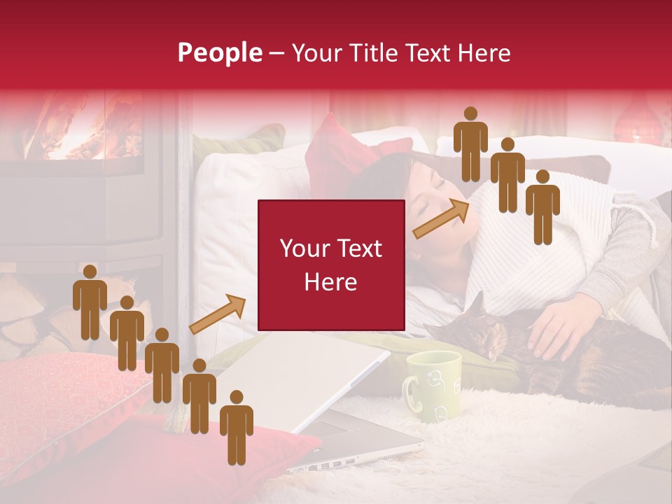 Woman With A Cat Relaxing Beside A Fireplace. PowerPoint Template