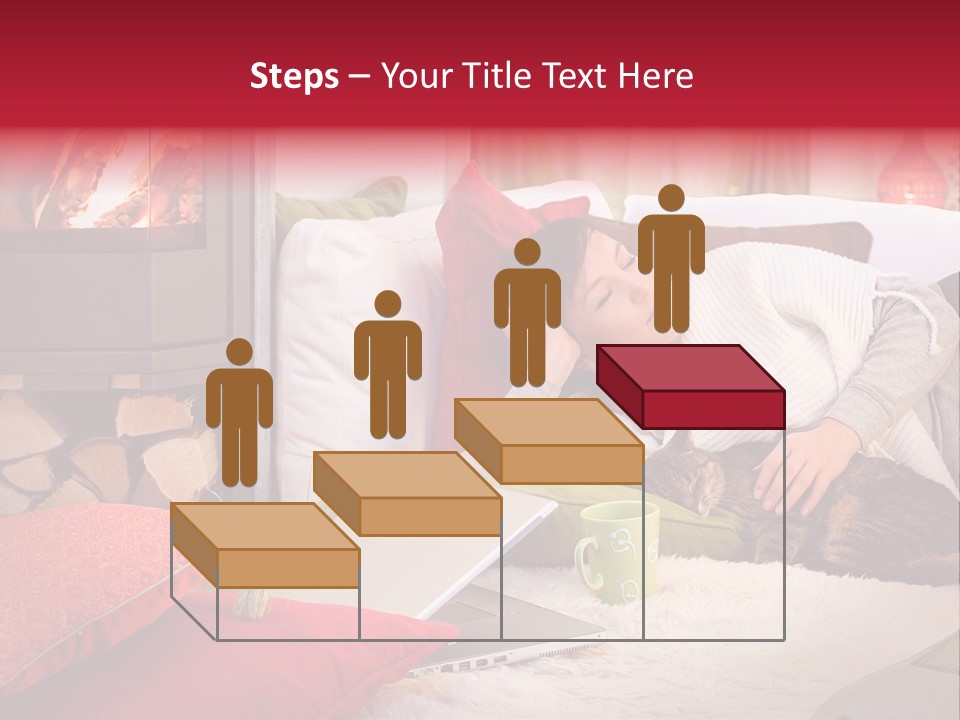 Woman With A Cat Relaxing Beside A Fireplace. PowerPoint Template