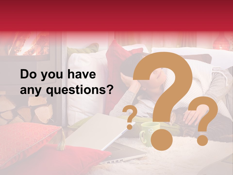 Woman With A Cat Relaxing Beside A Fireplace. PowerPoint Template