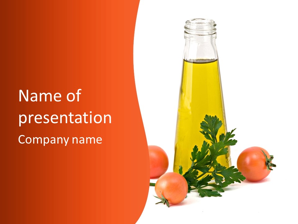 Bottle Of Olive Oil, Tomatoes, And Leaf Of Parsley Ready For Salad PowerPoint Template