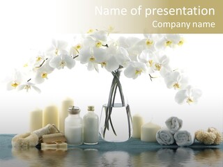 Essential Body Massage Oils In Bottles For Body Care With Reflection PowerPoint Template