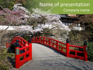 Red Bridge And Traditional Old Building On The Mountain Side With Spring Cherry Blossoms Near The Famous Minoh Waterfall Sightseeing Spot PowerPoint Template