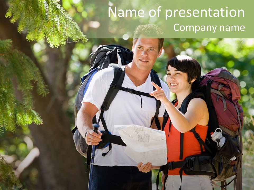 A Man And A Woman With Backpacks And A Map PowerPoint Template