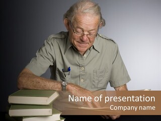 A Man Sitting At A Table With A Stack Of Books PowerPoint Template