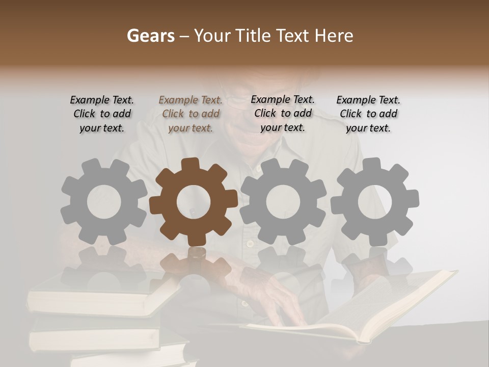 A Man Sitting At A Table With A Stack Of Books PowerPoint Template